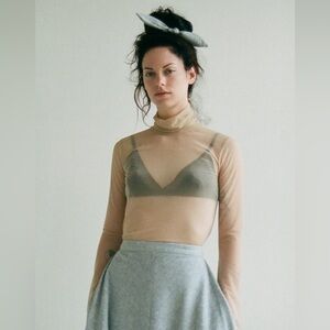 Eliza Faulkner Nude Mesh Turtleneck with Bell Sleeves